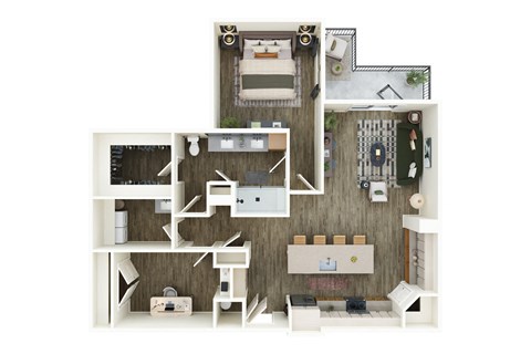 A 3D rendered image of a house layout.